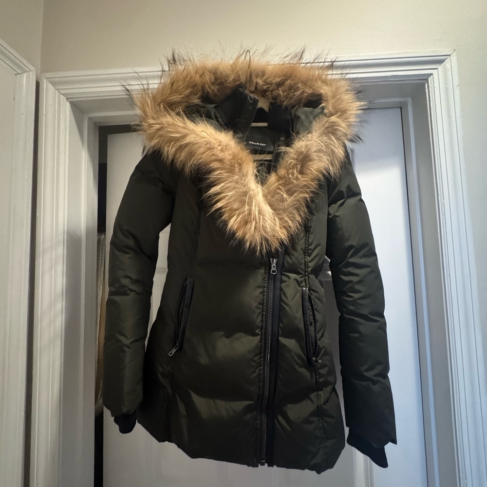 Mackage Green Puffer Coat with Fur Trim and Quilted Design
